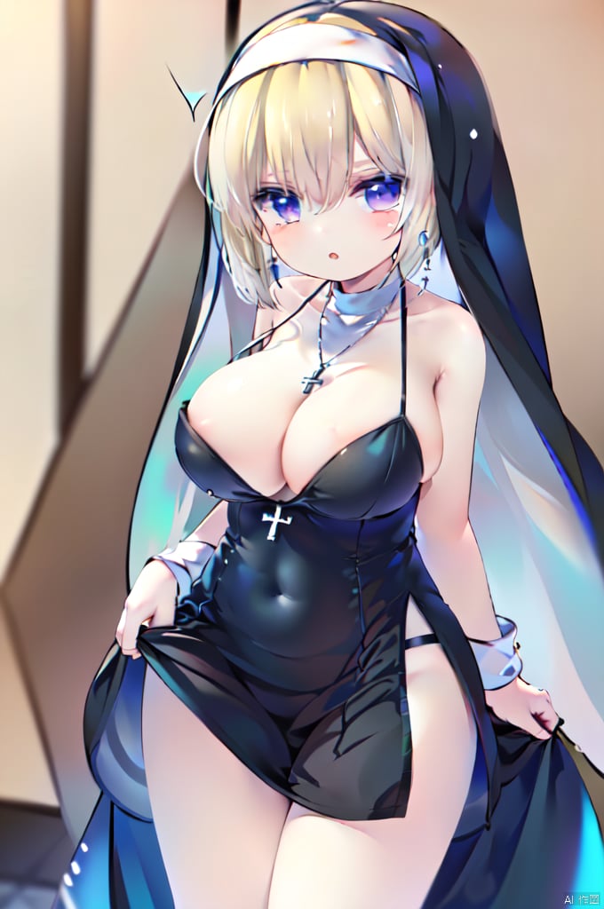  (masterpiece, best quality:1.4),finely detailed,1girl,solo,pale skin,perfect body,(giganticbreasts:1.2),standing,,killer,(cowboy_shot:1.2),black dress,blonde hair,cross necklace,dress,jewelry,killer,nun,pelviccurtain,veil,,pelvic curtain,curvy