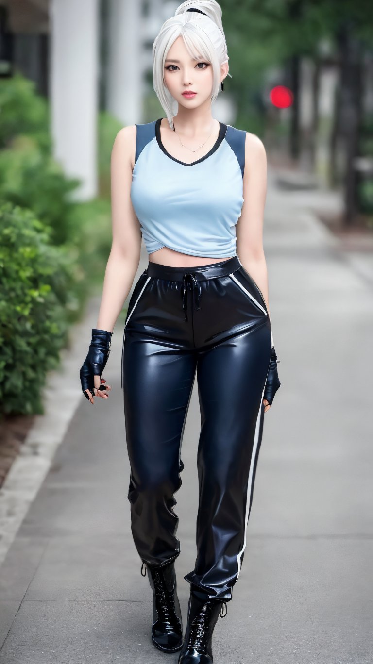 jett \(valorant\), anime, masterpiece, best quality, ultra detailed, Beautiful tall girl, frecles, pale skin, white hair, ponytail, bangs, fingerless gloves, official alternate costume, blue shirt, jogger pants, full body, gloves, disheveled hair, leather boot, slim, (valorant)