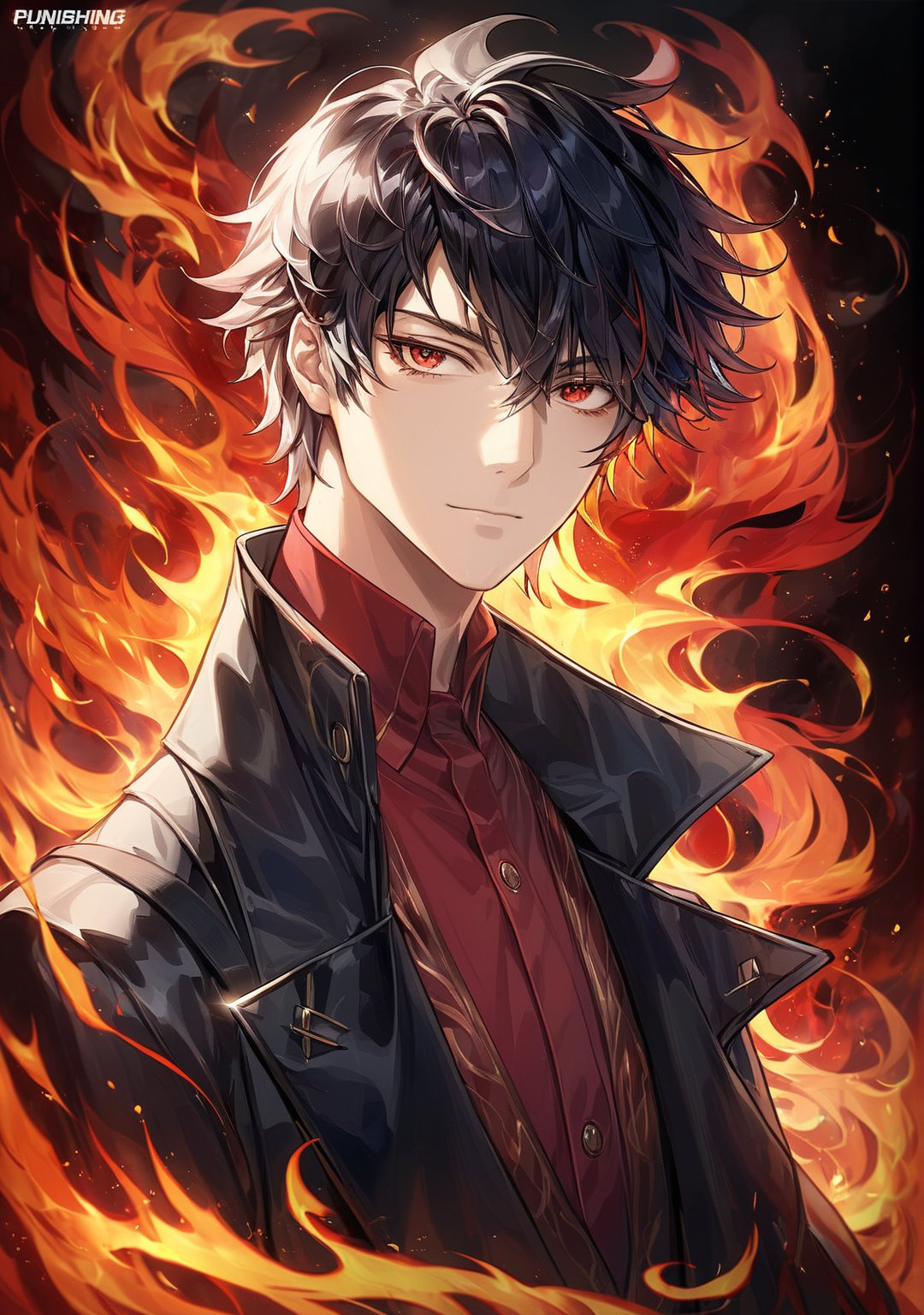 a powerful and charismatic portrait of a confident and stylish man in a black coat and red shirt, with a bold and enigmatic expression, standing against the wind, showcasing his shiny black hair and exuding a boss-like aura, creating a striking and detailed solo focus portrait with a strong and captivating presence,energy,black_flames,black background