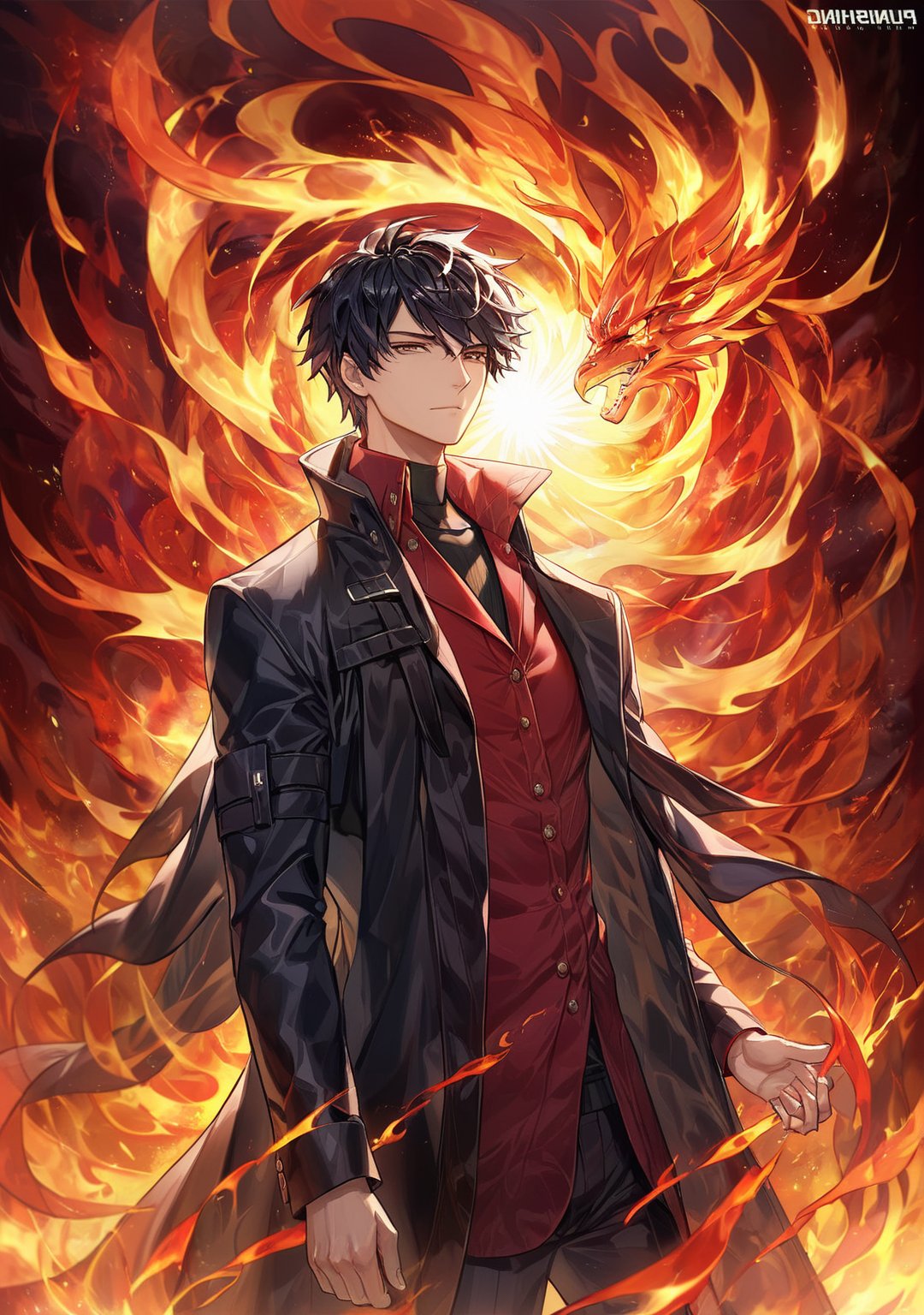 a powerful and charismatic portrait of a confident and stylish man in a black coat and red shirt, with a bold and enigmatic expression, standing against the wind, showcasing his shiny black hair and exuding a boss-like aura, creating a striking and detailed solo focus portrait with a strong and captivating presence,energy,black_flames