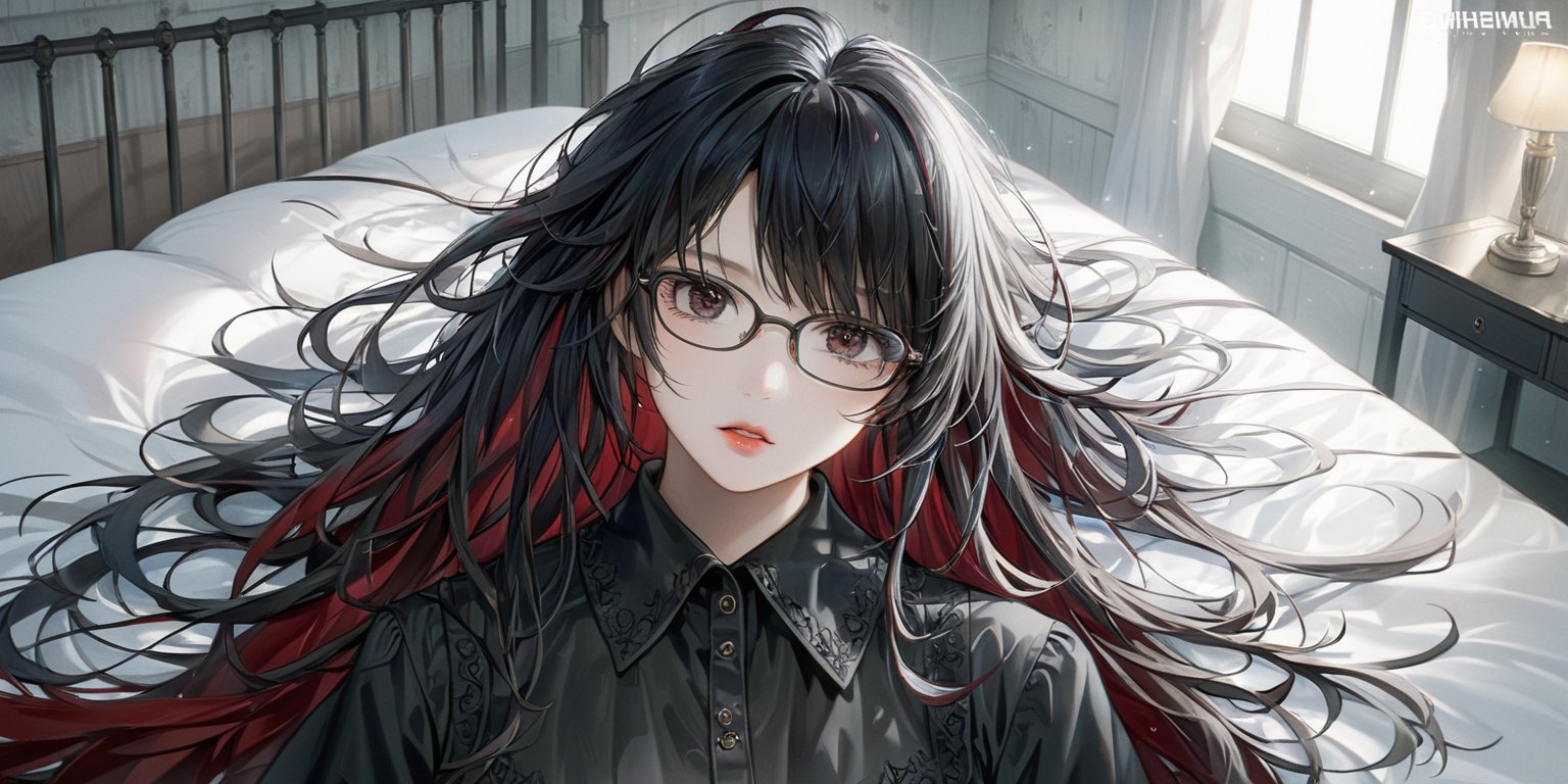 1girl, solo, long hair, looking at viewer, shirt, black hair, white background, upper body, parted lips, glasses, artist name, hair over one eye, black eyes, lips, black shirt, watermark, black-framed eyewear, red lips, messy_hair, bed_head, Surrealism, Gothic art, ccurate, UHD, super detail, high quality, award winning, 16k