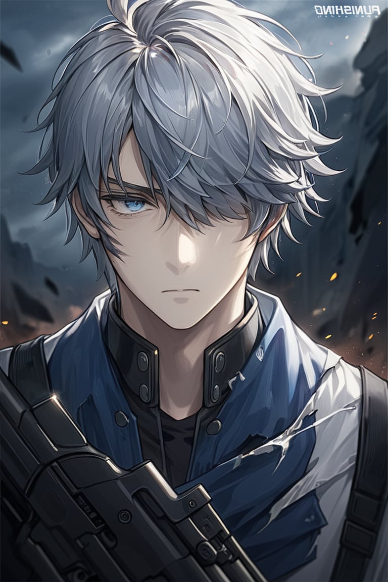 a dramatic digital illustration of a solitary male with short, white and grey hair, intense blue and grey eyes, and a focused expression. The background is simple and white, and he is depicted holding a gun with torn clothes, with his hair partially covering one eye. The image focuses on his upper body and the weapon, with a dramatic and intense atmosphere.