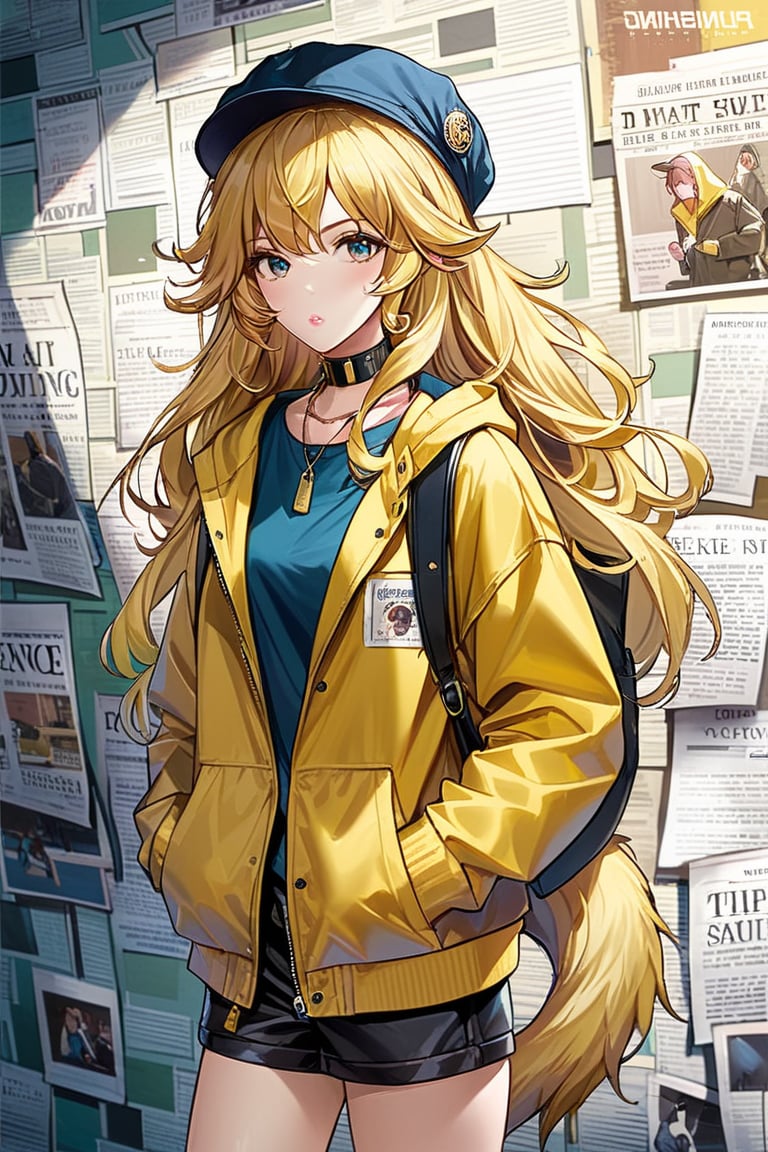  big hair, hair flowing over, messy hair, blue eyes, choker, closed mouth, collar, dog tail, hand in pocket, hat, hat with ears, hood, hoodie, jacket, yellow jacket, long hair, long sleeves, looking at viewer, nail polish, open clothes, open jacket, newspaper wall background,