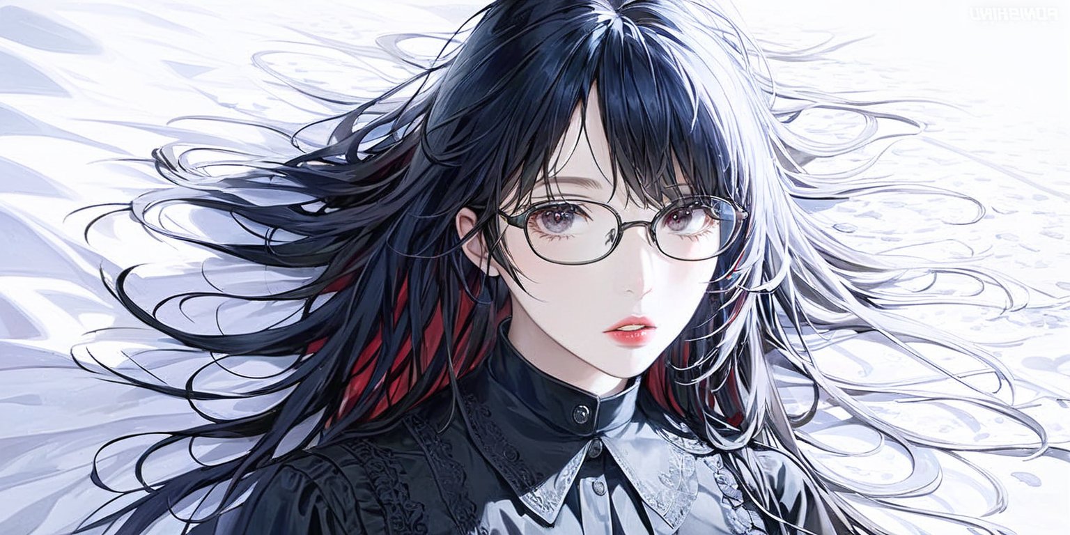 1girl, solo, long hair, looking at viewer, shirt, black hair, white background, upper body, parted lips, glasses, artist name, hair over one eye, black eyes, lips, black shirt, watermark, black-framed eyewear, red lips, messy_hair, bed_head, Surrealism, Gothic art, accurate, UHD, super detail, high quality, award winning, 16k