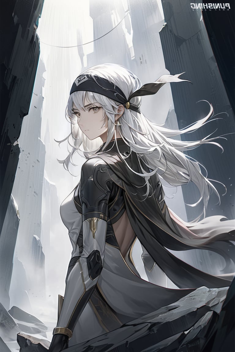 a dramatic and captivating digital painting artwork: lone warrior with striking white hair, intense grey eyes, and a black headband, gazing back at the viewer with a sense of mystery and determination, subtle and minimalistic white background, highly detailed, cinematic atmosphere, made in Photoshop, epic composition, arthouse aesthetic