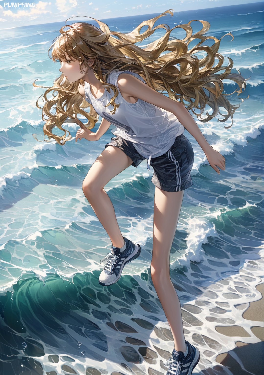 masterpiece, detailed image, highly detailed, 1girl, black_wavy_hair, long_hair, bangs, sleeveless_shirt , shorts, sneakers, sea