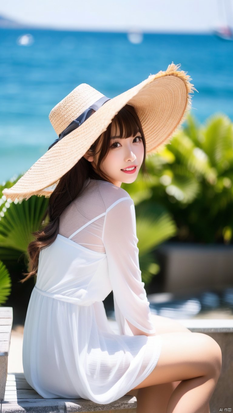  1girl, hat, long hair, solo, outdoors, black hair, dress, white dress, sun hat, looking at viewer, day, black eyes, chair, beach, ocean, blurry, smile, parted lips, dutch angle, straw hat, lipstick, bangs, standing, from side, makeup, water, scenery, sky, teeth, red lips, lips, brown eyes, blurry background, holding, depth of field, sitting, realistic, looking to the side, long sleeves, railing, pale skin, looking back, shore, leaning forward, sundress, breasts, blunt bangs, see-through, brown hair, umbrella