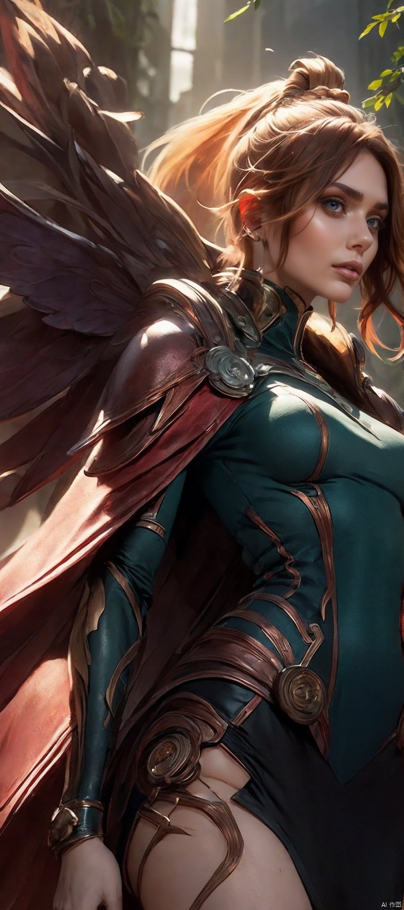  Best quality , masterpiece , ultra high res , raw photo , detail face , detailed skin ,( realistic , photo - realistic :1.3). dramatic lighting . light on face ,1girl, solo , cowboy shot , standing , Copper Hair , Forest , outdoors , looking at viewer ,tattoos blackwork,GOGAN,butterfly the phoenix wings red cape