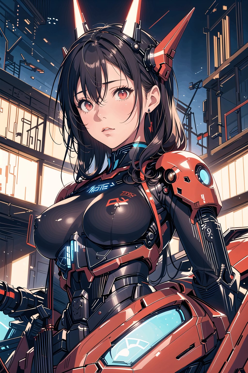 masterpiece, best quality, 1girl, black hair, long hair, red eyes, bodysuit, futuristic spacecraft interior, looking at viewer, night sky, mecha headgear, red inner hair, close view