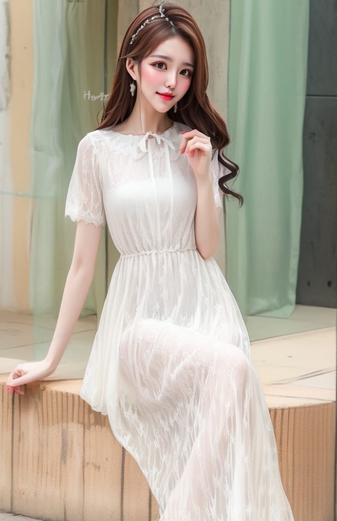 1 (slim:1.3) beautifu lady with curvy shape, joyful, wearing (white dress), (see through:1.1), with head, lace, (hairpin), long hair, catch light, lip stain, black lace pantyhose,(solo:1.5), (cowboy shot:1.3), masterpieces, best quality, high resolution, bright scene, soft color, low contrast, blurred background, on sidewalk 