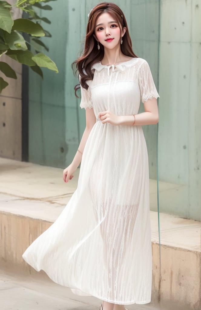 1 (slim:1.3) beautifu lady with curvy shape, joyful, wearing (white dress), (see through:1.1), with head, lace, (hairpin), long hair, catch light, lip stain, black lace pantyhose,(solo:1.5), (cowboy shot:1.3), masterpieces, best quality, high resolution, bright scene, soft color, low contrast, blurred background, on sidewalk 