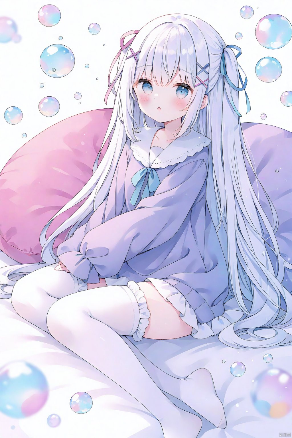  1girl,very long hair, hair ribbon, x hair ornament, straight hair, long sleeves, sleeves past wrists,
:o, white thighhighs, frilled thighhighs, pillow, breasts,
no shoes, 
white background, depth of field, 
masterpiece, best quality, onnk, colorful, bubble, tsukiyo