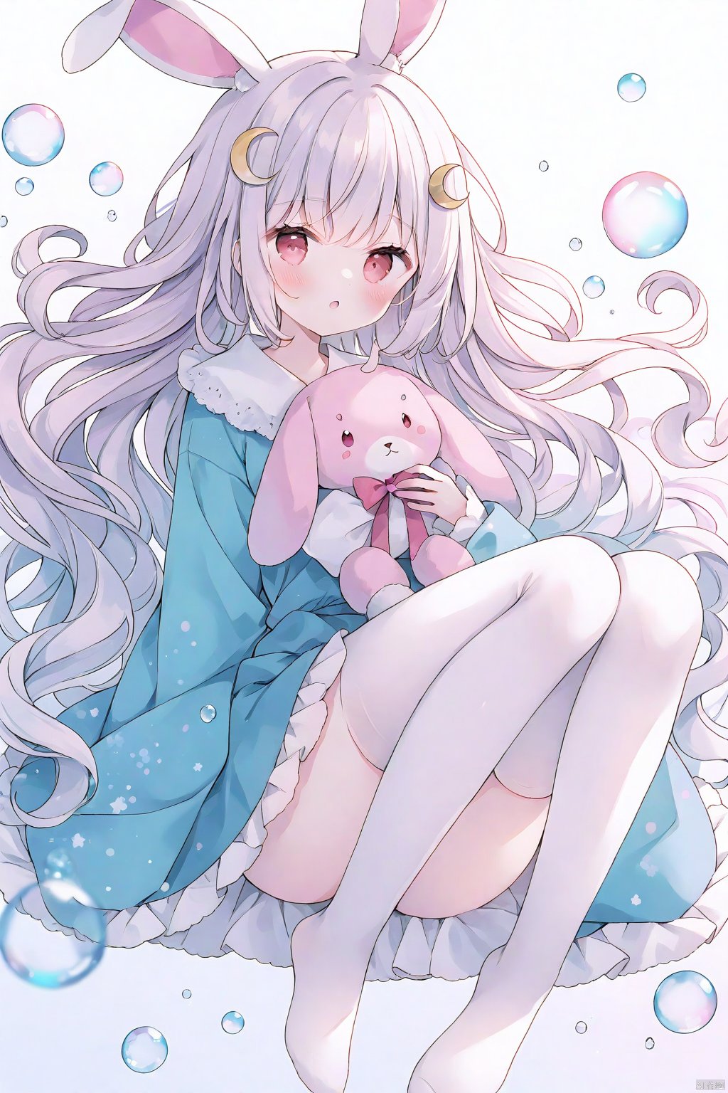  1girl,very long hair, rabbit ears, crescent hair ornament, curly hair, red eyes,
kimono, long sleeves, sleeves past fingers,
:o,
holding stuffed bunny, 
medium breasts,
no shoes, 
white background, depth of field, 
masterpiece, best quality, onnk, colorful, bubble, tsukiyo