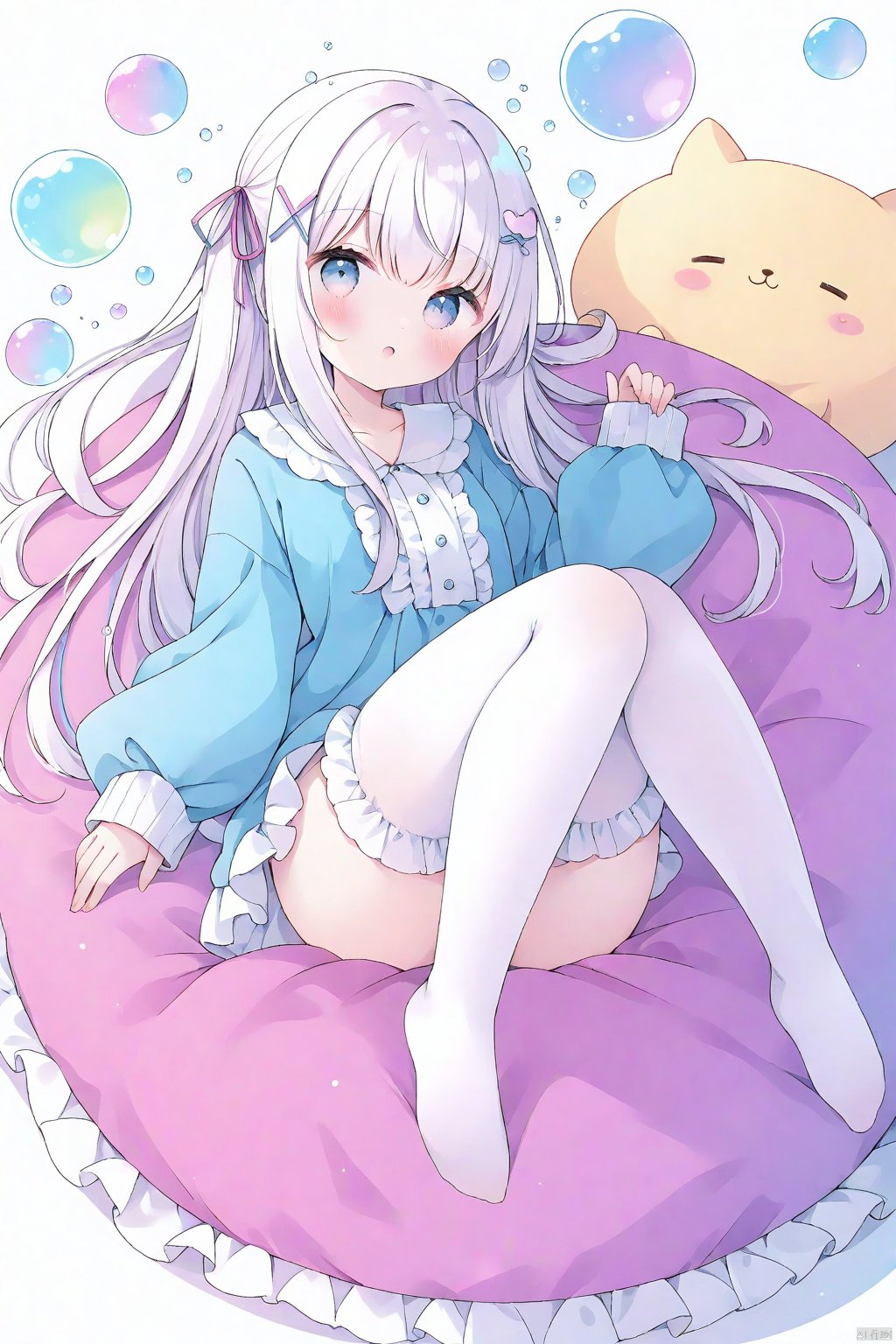  1girl,very long hair, hair ribbon, x hair ornament, straight hair, long sleeves, sleeves past wrists,
:o, white thighhighs, frilled thighhighs, pillow, breasts,
no shoes, 
white background, depth of field, 
masterpiece, best quality, onnk, colorful, bubble, tsukiyo