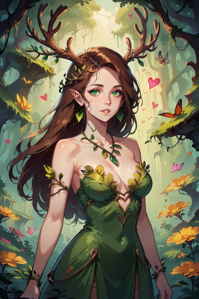 score_9, score_8_up, score_7_up, 1 girl, long hair, brown hair, tilted angle, hearts, female focus, antlers, dryad, nature,  concept art, green eyes   , expressiveH 