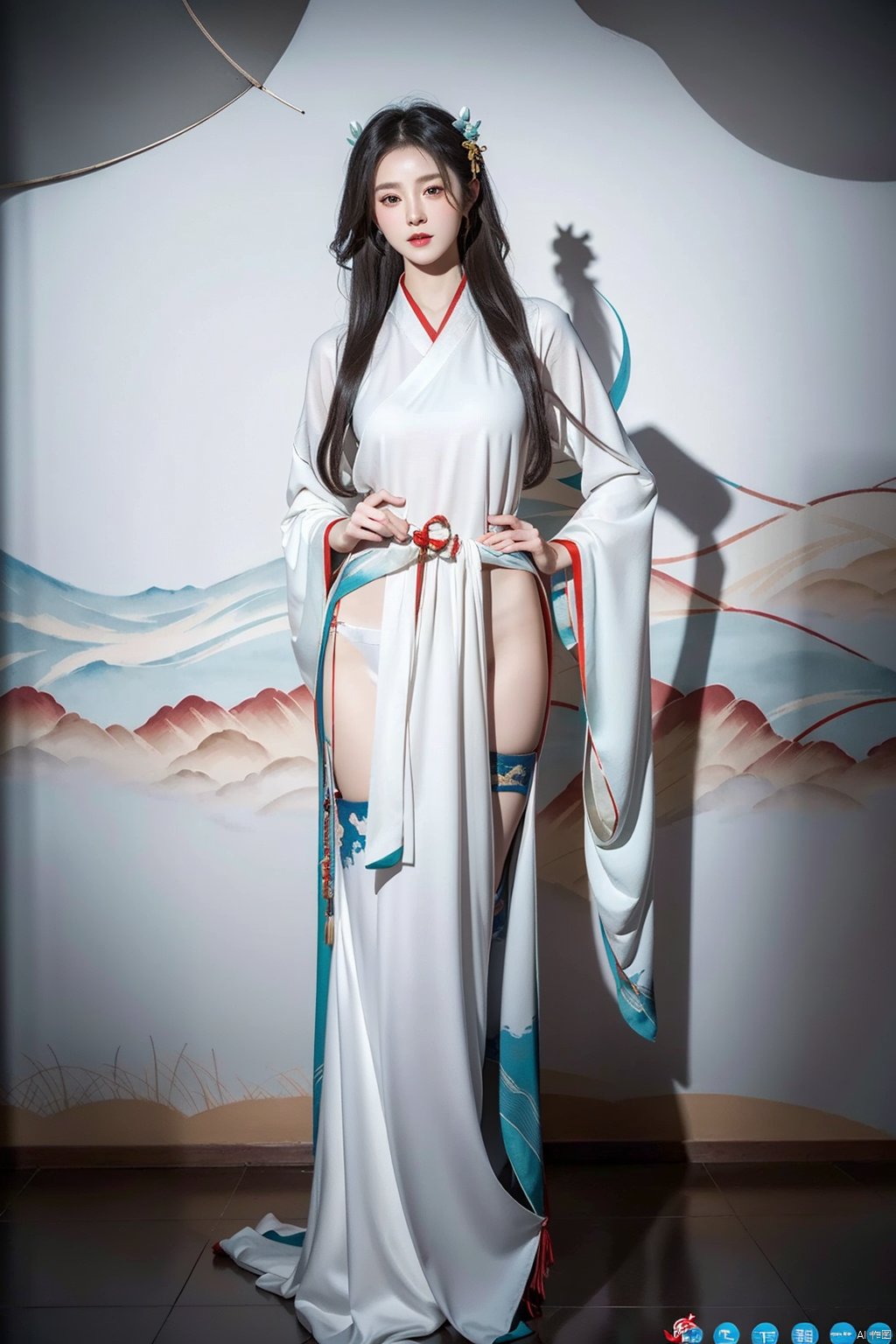  sexy pose,sexy cloth,（ Dunhuang mural style）Background,masterpiece, best quality, realistic, Highly detailed, simple background,yue,1girl, solo, yue , hair ornament , hanfu, 1girl