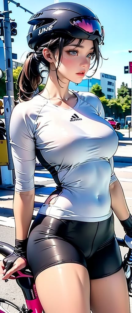 Female athletes, ((masterpiece, highest quality, Highest image quality, High resolution, photorealistic, Raw photo, 8K)), ((Extremely detailed CG unified 8k wallpaper)), (huge stunning goddess shot, very hot and sexy, jaw-dropping beauty, perfect proportions, beautiful body, slim body beauty:1.4), Bike pedaling, 1girl, riding bike, A young woman is riding a bicycle through the city, tight sportswear, helmet, fingerless gloves, bike_shorts, Side view, 