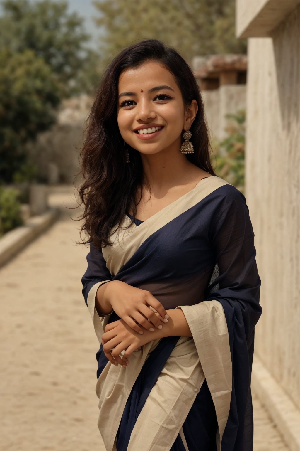 Saree, 1girl, solo, long hair, smile , teeth, black hair, long sleeves, traditional , dress, jewelry, earrings, outdoors, blurry, looking to the side, purple dress, realistic,This breathtaking photograph, shot on a Canon 1DX with a 50 mm f/2.8 lens, beautifully showcases the raw and authentic beauty of life. high resolution 8k image quality,Saree