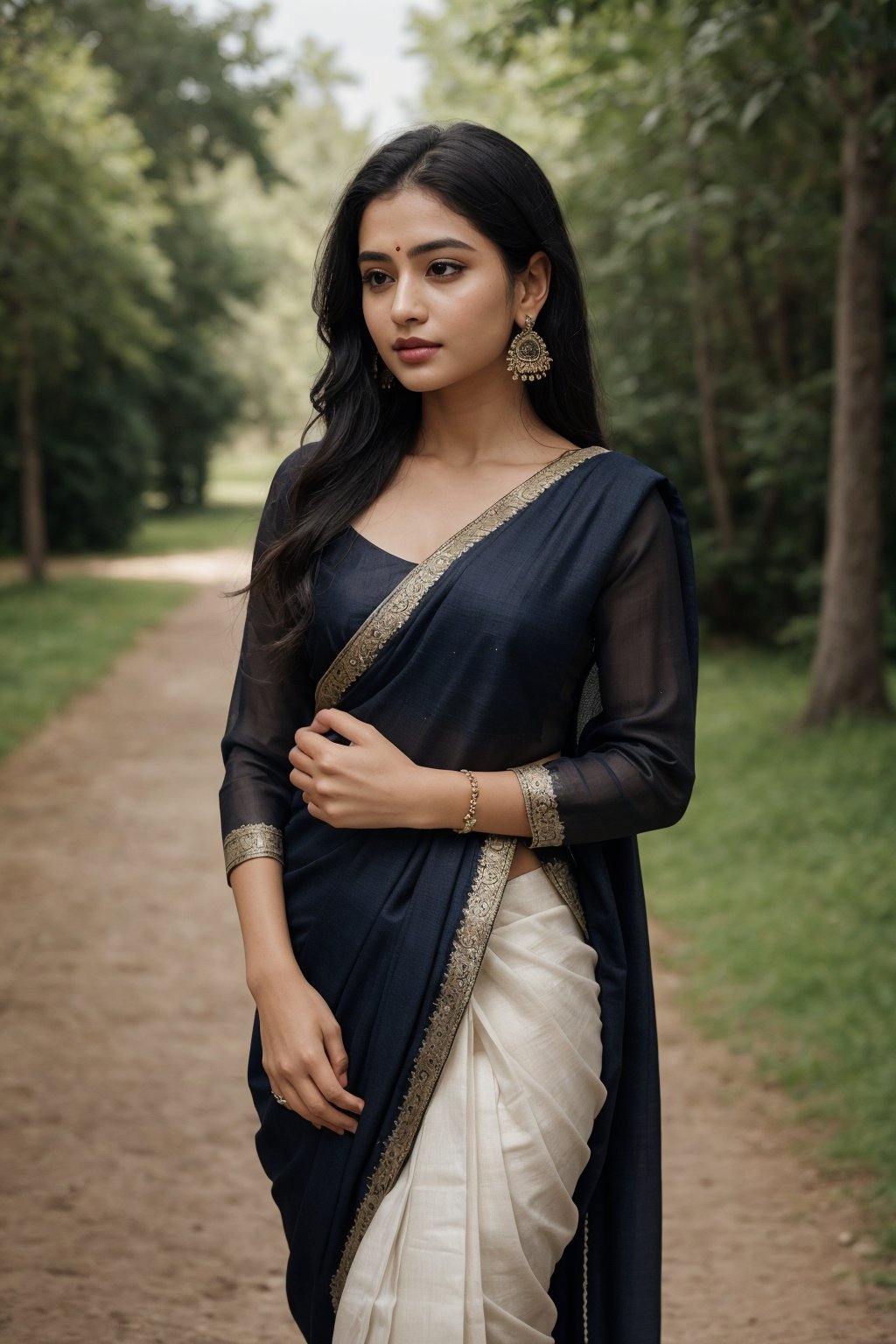 Saree, 1girl, solo, long hair, black hair, long sleeves, traditional , dress, jewelry, earrings, outdoors, blurry, looking to the side, purple dress, realistic,This breathtaking photograph, shot on a Canon 1DX with a 50 mm f/2.8 lens, beautifully showcases the raw and authentic beauty of life. high resolution 8k image quality,Saree