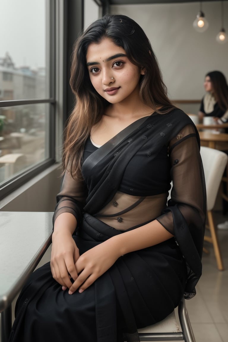 lovely cute young attractive indian teenage girl in a black saree,  23 years old, cute, an Instagram model, long blonde_hair, colorful hair, winter, sitting in a coffee shop,  POV of opposite table , This breathtaking photograph, shot on a Canon 1DX with a 50 mm f/2.8 lens, beautifully showcases the raw and authentic beauty of life. high resolution 8k image quality,,Indian