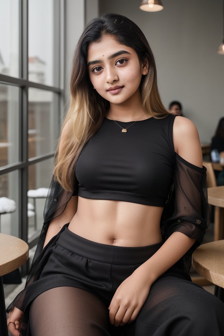 lovely cute young attractive indian teenage girl in a black crop top,  23 years old, cute, an Instagram model, long blonde_hair, colorful hair, winter, sitting in a coffee shop, This breathtaking photograph, shot on a Canon 1DX with a 50 mm f/2.8 lens, beautifully showcases the raw and authentic beauty of life. high resolution 8k image quality,,Indian