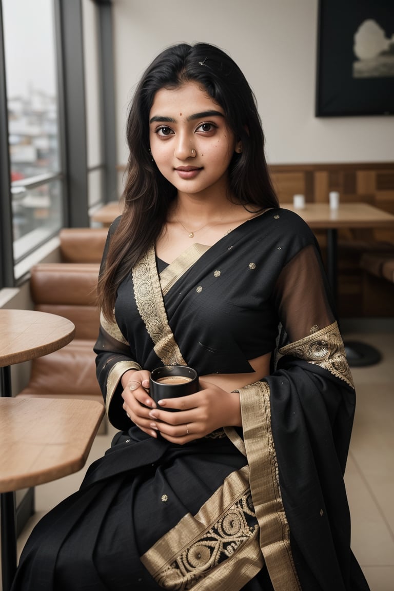 lovely cute young attractive indian teenage girl in a black saree,  23 years old, cute, an Instagram model, long blonde_hair, colorful hair, winter, sitting in a coffee shop,  POV of opposite table , This breathtaking photograph, shot on a Canon 1DX with a 50 mm f/2.8 lens, beautifully showcases the raw and authentic beauty of life. high resolution 8k image quality,,Indian