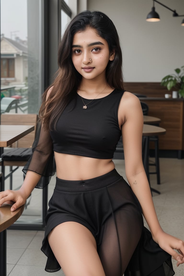 lovely cute young attractive indian teenage girl in a black crop top,  23 years old, cute, an Instagram model, long blonde_hair, colorful hair, winter, sitting in a coffee shop,  POV of opposite table , This breathtaking photograph, shot on a Canon 1DX with a 50 mm f/2.8 lens, beautifully showcases the raw and authentic beauty of life. high resolution 8k image quality,,Indian
