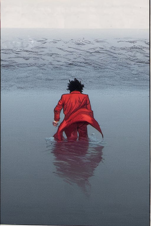 Comic panel illustration. Close up of Man walking through the water with a ragged red scarf, back view, akira style,Comic panel illustration