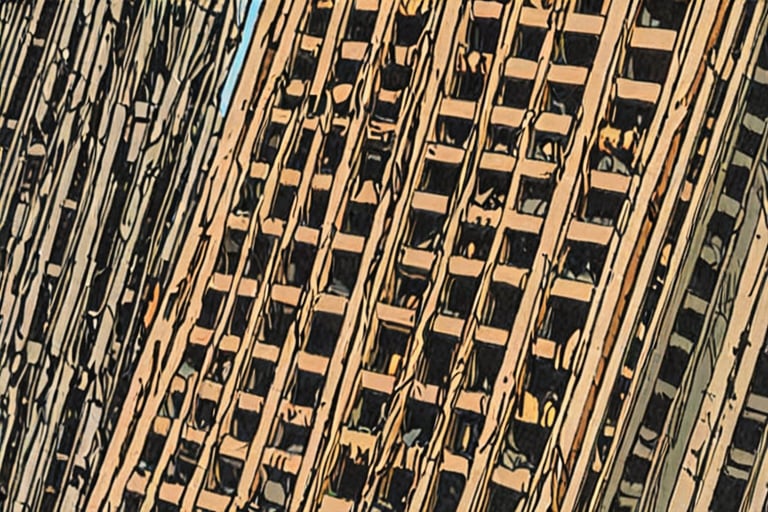 Comic panel illustration of a destroyed skyscraper building, akira style 