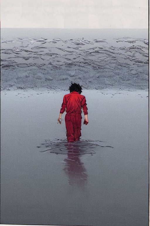 Comic panel illustration. Close up of Man walking through shallow water.  Greay shirt with a ragged red scarf, back view, akira style,Comic panel illustration