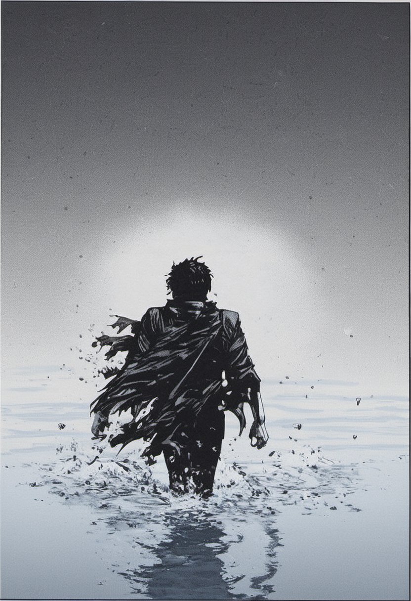 a black and white comic book illustration of a  man walking through the water with a ragged scarf , style akirabw 