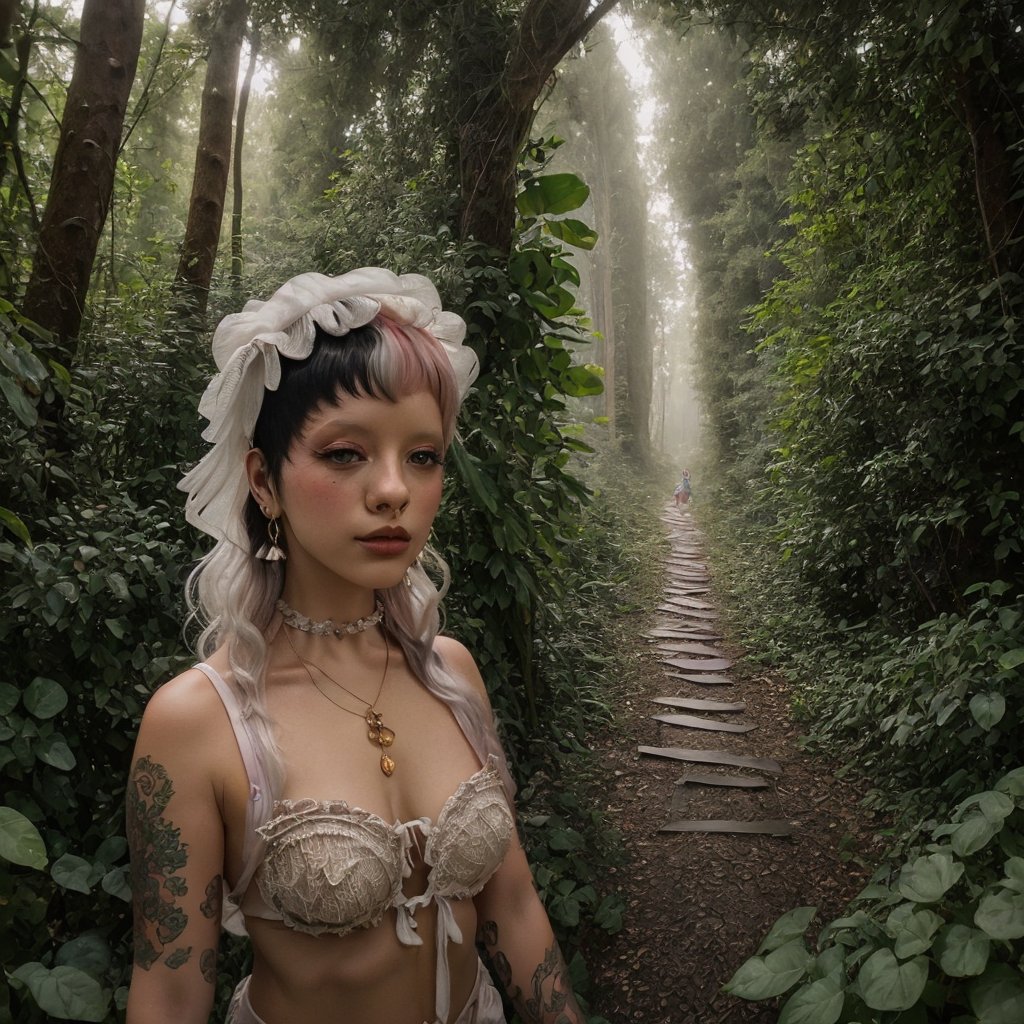 A fantasy portrait of a girl with Victorian, extravagant white hair, long and curly, sitting at the horizon in a vibrant fantasy forest. The forest is lush with vibrant colors, mystical plants, and glowing flora. The lighting is dazzling and ethereal, casting a magical glow on the scene. Created Using: cinematic style, high contrast, vivid colors, ultra-detailed, 4K resolution, fantasy aesthetics, bokeh effect, whimsical --ar 16:9 --v 6.0