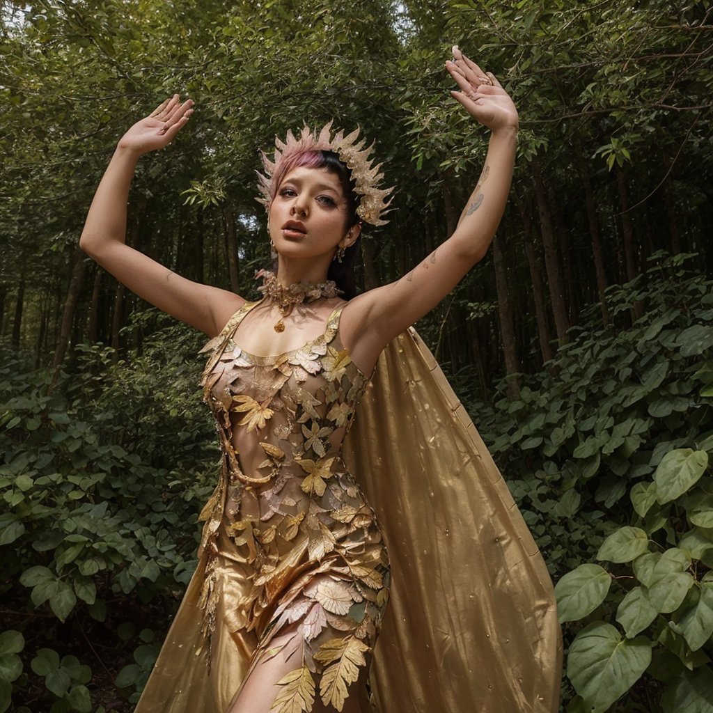 In a mystical forest, a young woman wears a stunning gown of gold and leaves, her hair a wild and creative spectacle. Surrounded by fluttering butterfly fairies, she poses with one arm raised towards the sky, her gaze reflecting the wonder of her enchanted surroundings. Her other hand traces the intricate patterns of her gown, evoking the magic of the forest.