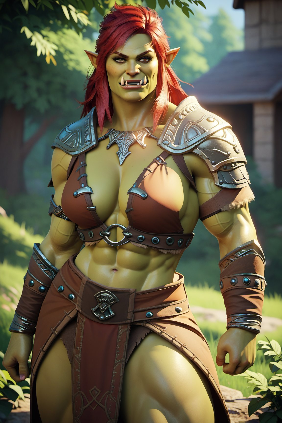 score_9, score_8_up, score_7_up, orc girl, Viking hair style, Viking outfit, red hair, muscular, smirking, cowboy_shot, forest village background,