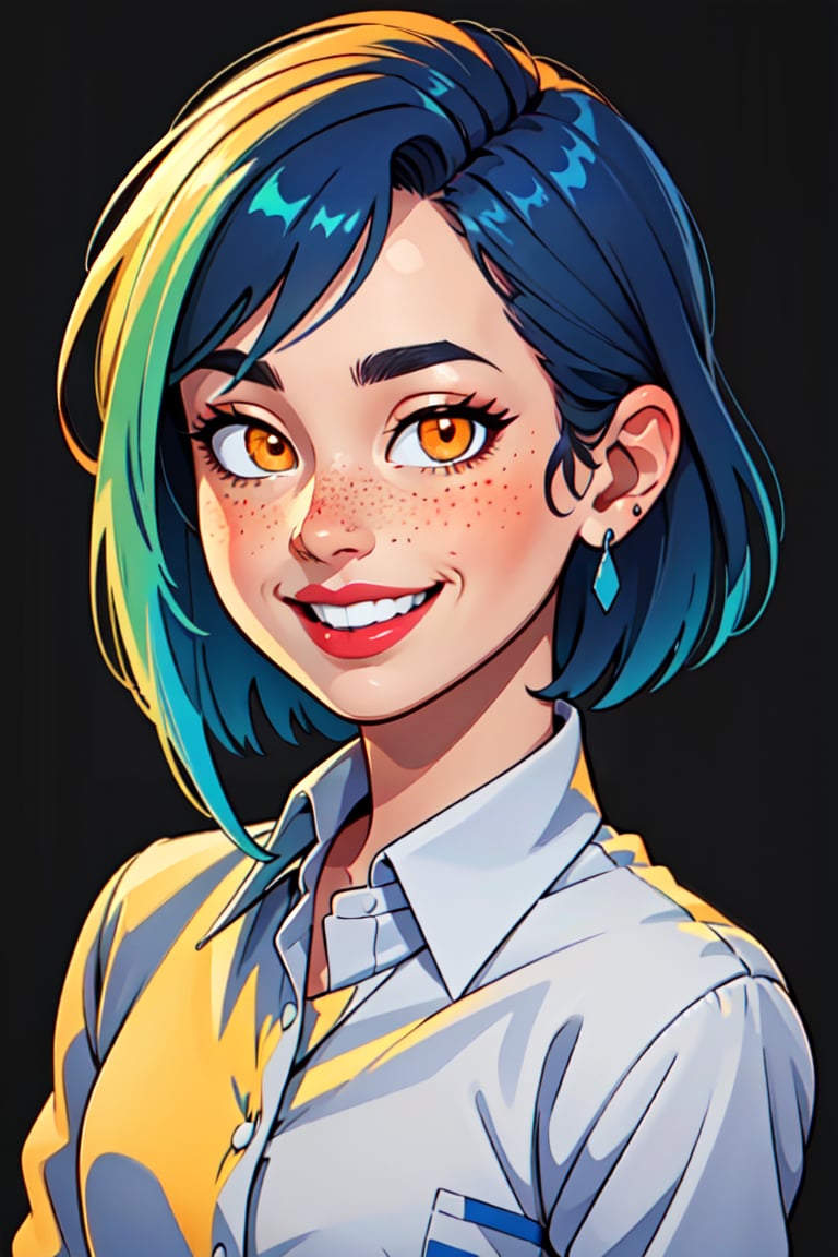 1girl, solo, looking at viewer, smile, short hair, simple background, shirt, long sleeves, jewelry, blue hair, white shirt, multicolored hair, parted lips, teeth, collared shirt, lips, orange eyes, glowing, ring, black background, portrait, freckles, realistic, nose,, simple desing