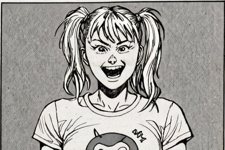 a black and white comic book illustration of a woman, cropped torso, happiness expression, Blonde hair, medium hair, split ponytail hair, wearing t-shirt, style akirabw 