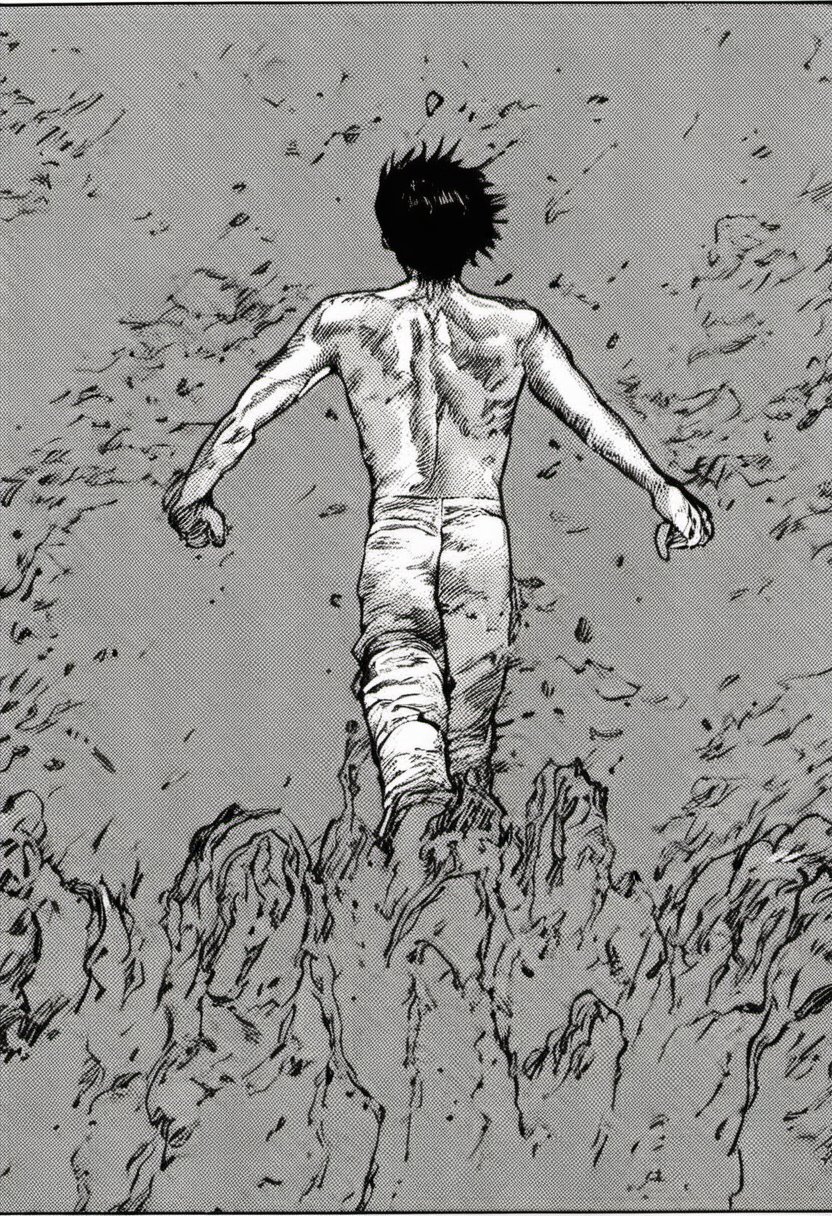 B & W comic book illustration. Closeup of a man walking through the water.  He is wearing ragged scarf, style akirabw