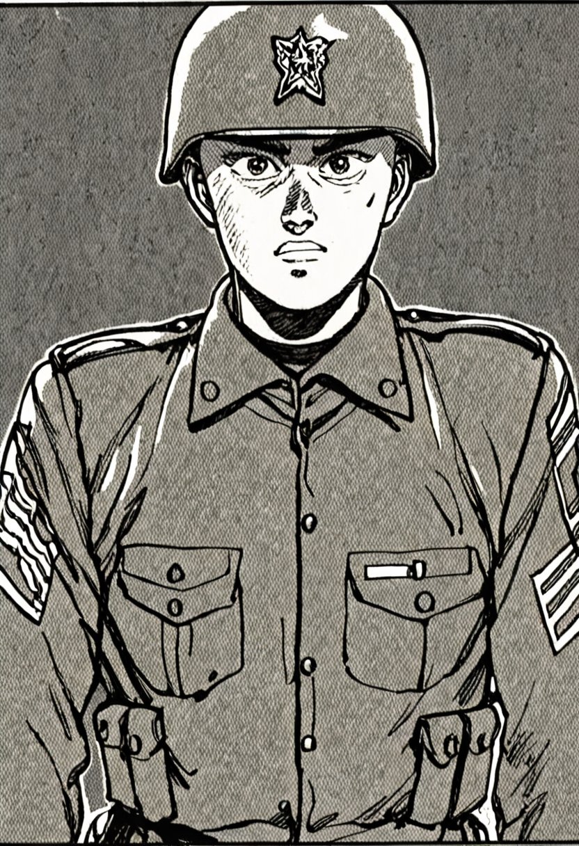 a black and white comic book illustration of  a soldier, style akirabw