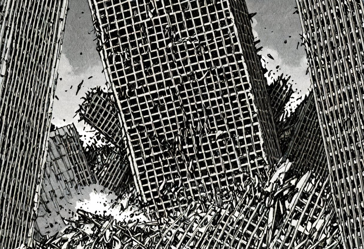 a black and white comic book illustration of a destroyed skyscraper building, style akirabw 