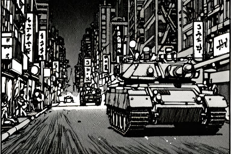 a black and white comic book illustration of a tank on the streets of new tokyo at night, style akirabw 