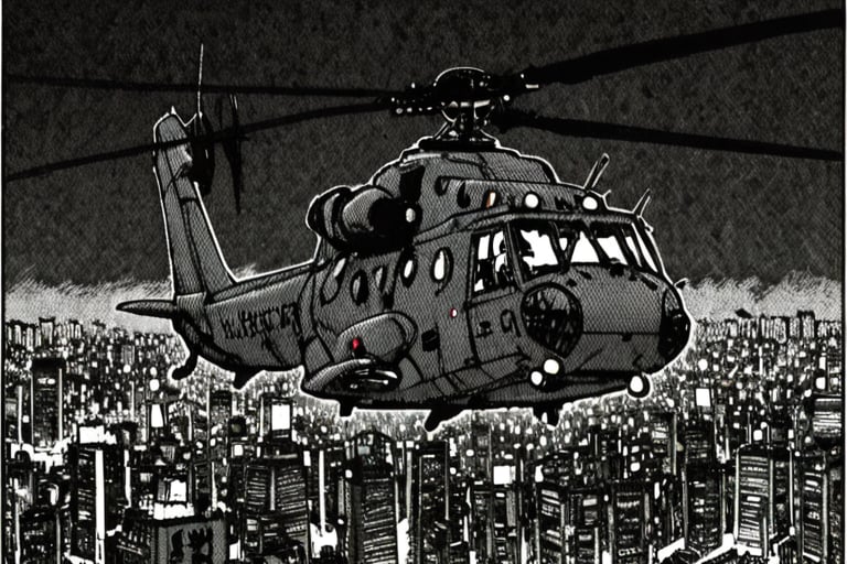 a black and white comic book illustration of  a large military helicopter flying over new tokyo at night, style akirabw 