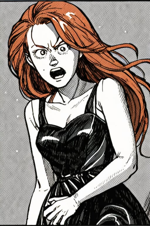a black and white comic book illustration of a woman, head out of frame, :d expression, Ginger hair, absurdly long hair, asymmetrical hair hair, wearing cocktail dress, style akirabw 