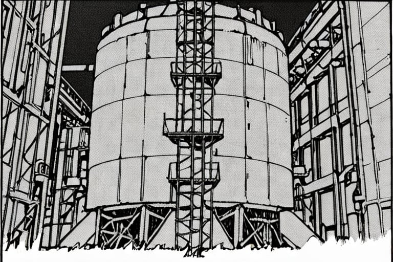 a black and white comic book illustration of a gigantic industrial cryogenic containment facility, style akirabw 