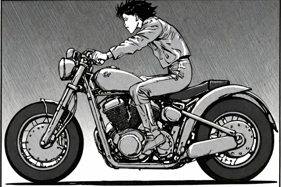 a black and white comic book illustration of a man on a motorcycle, profile, side view, full body, style akirabw 