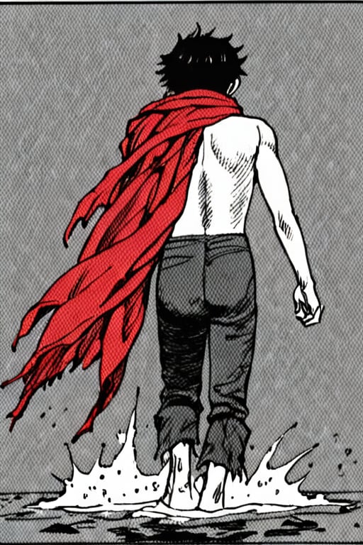 a black and white comic book illustration of a  man walking through the water with a ragged red scarf , style akirabw 