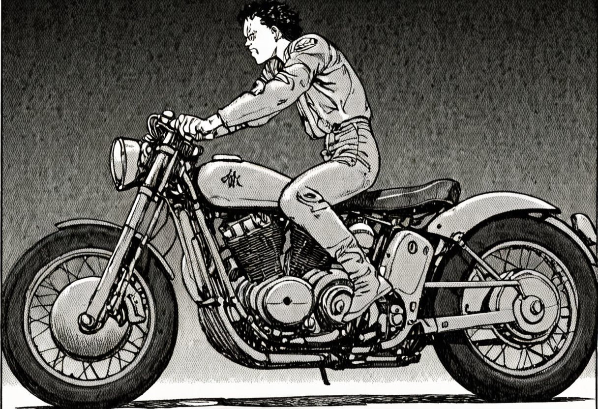 a black and white comic book illustration of a man on a motorcycle, profile, side view, full body, style akirabw 