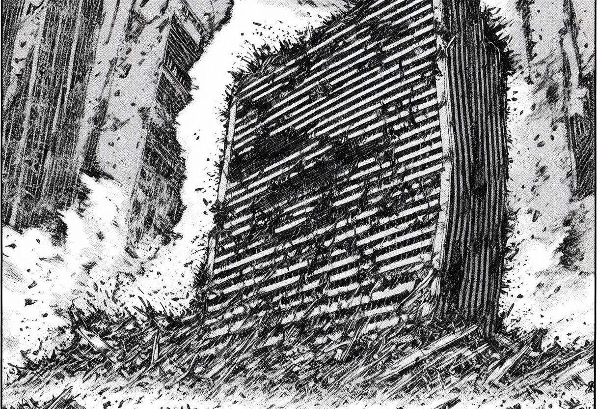 a black and white comic book illustration of a destroyed skyscraper building, style akirabw 