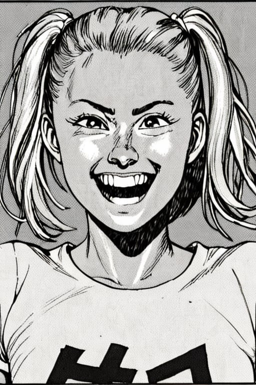 a black and white comic book illustration of a woman, cropped torso, happiness expression, Blonde hair, medium hair, split ponytail hair, wearing t-shirt, style akirabw 