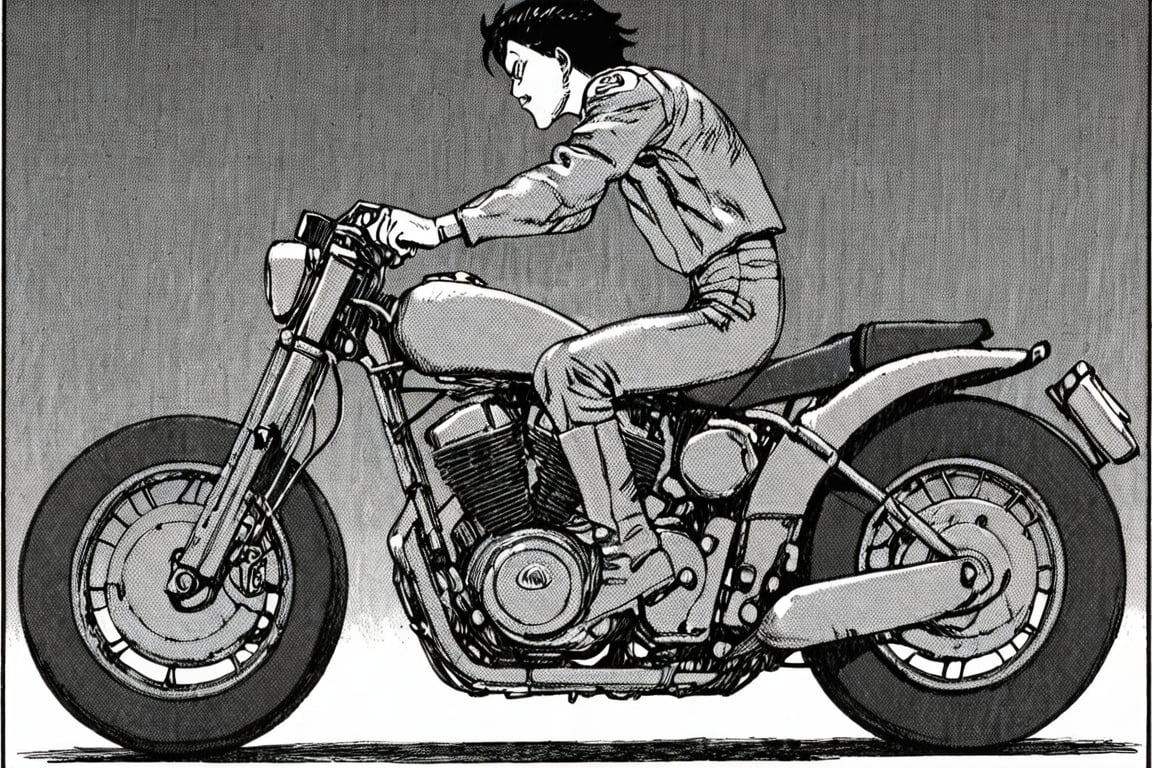 a black and white comic book illustration of a man on a motorcycle, profile, side view, full body, style akirabw 