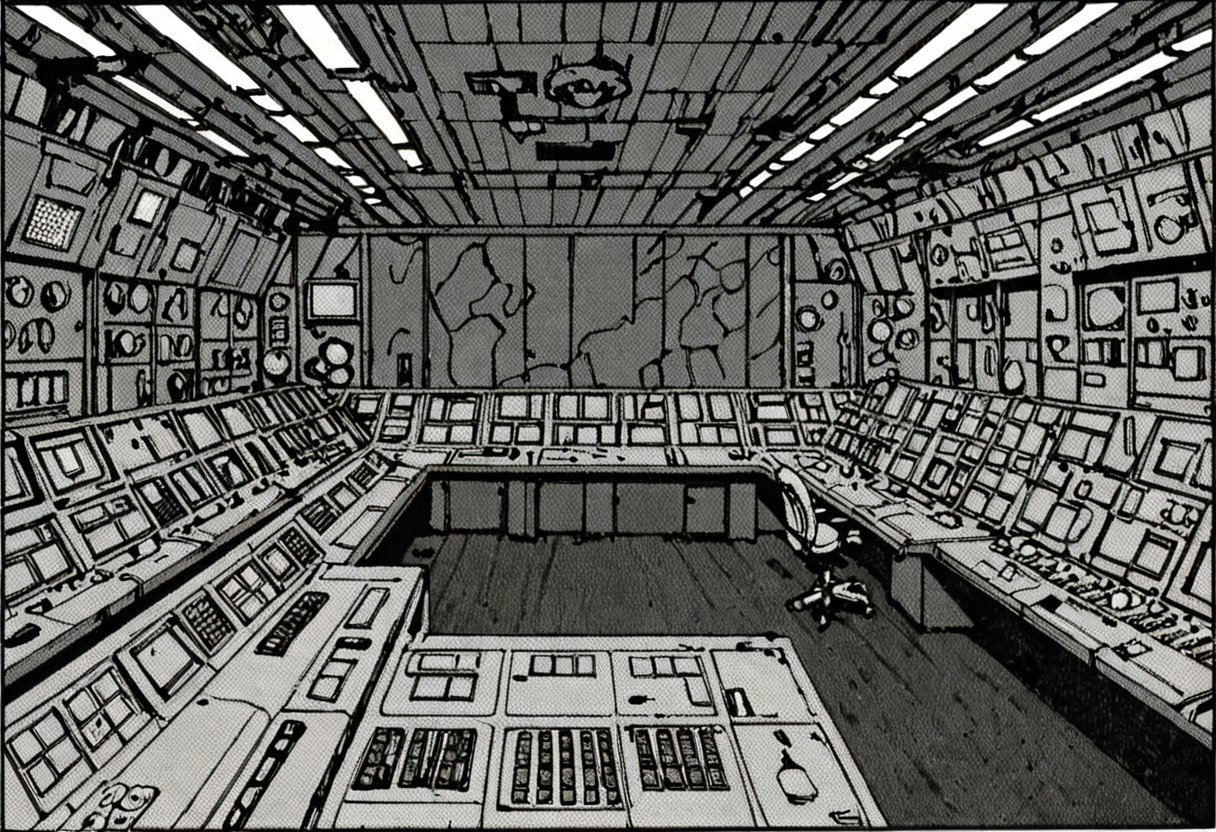 a black and white comic book illustration of  a large military control room, style akirabw